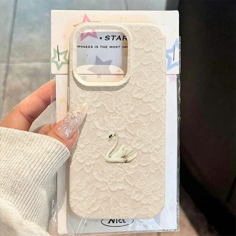 Phone Cases For Iphone 12 Pro Max - Telefoonhoesje met kant-zwaanpatroon en lychee-textuur voor